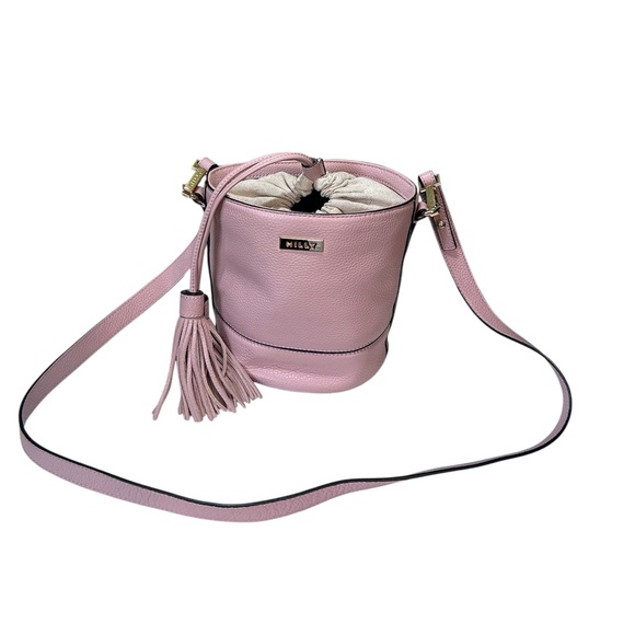 Milly Pink Crossbody Bucket Bag with tassel detail drawstring preppy designer - Picture 1 of 8